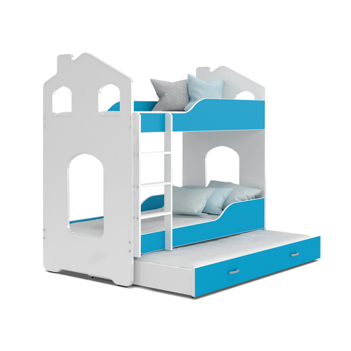 Házikó formájú emeletes gyerekágy pótággyal és ágyrácsokkal - fehér kék