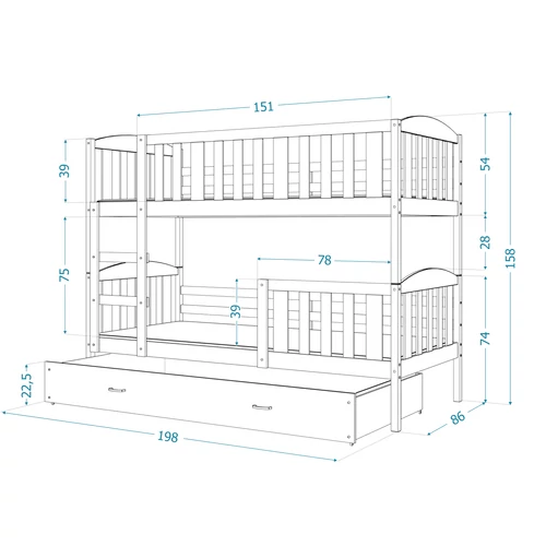 Emeletes gyerekágy ágyneműtartóval - Kubus mdf 80x190 cm - fehér-szürke