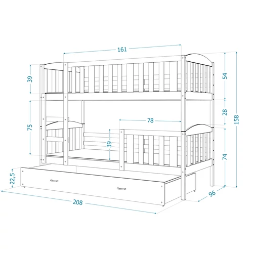 Emeletes gyerekágy ágyneműtartóval - Kubus mdf 90x200 cm - szürke-szürke