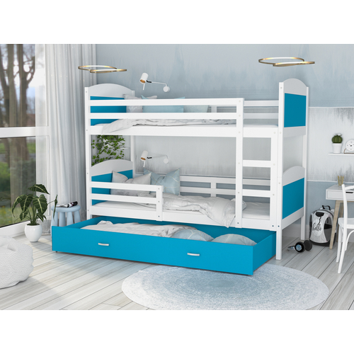Emeletes ágyneműtartós gyerekágy ágyrácsokkal - Mateusz - fehér kék