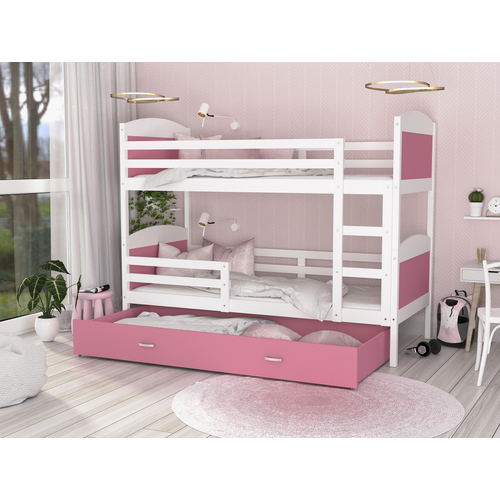 Emeletes ágyneműtartós gyerekágy ágyrácsokkal - Mateusz - fehér rózsaszín