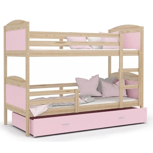Emeletes ágyneműtartós gyerekágy ágyrácsokkal 90x200 cm - Mateusz - fenyő rózsaszín