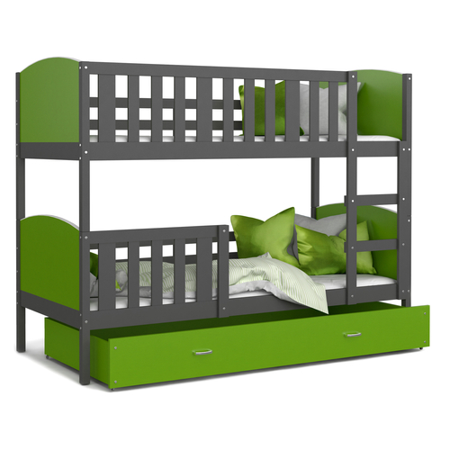 TAMI emeletes gyerekágy ágyneműtartóval: Szürke keret - zöld támlákkal 2