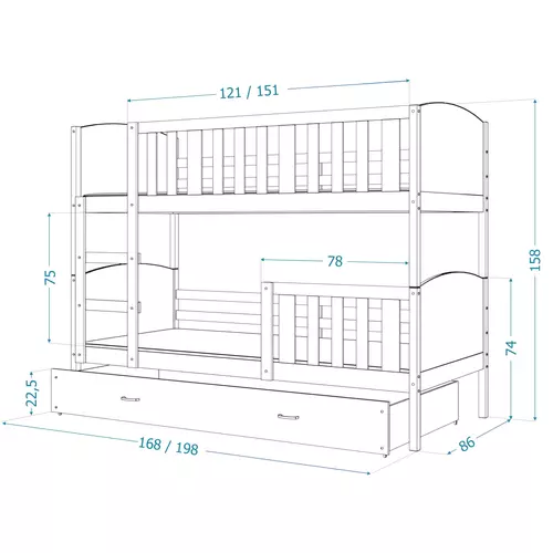 Emeletes gyerekágy ágyneműtartóval - Tami 80x160 cm - Fehér keret - fehér támlákkal