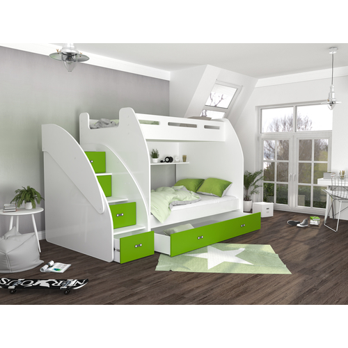 Zuzia emeletes gyerekágy praktikus tárolókkal és ágyneműtartóval - fehér zöld