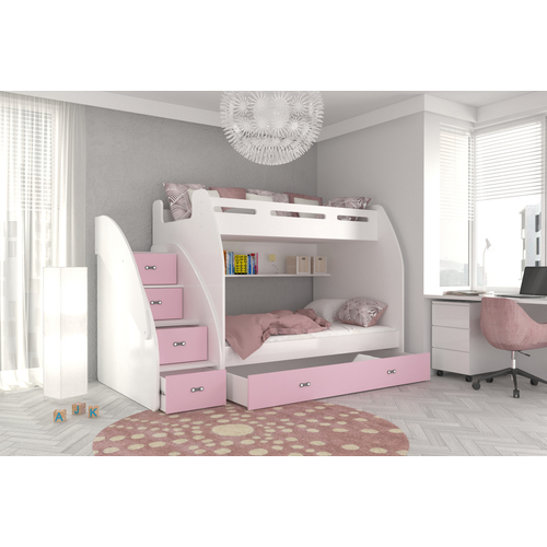 Zuzia emeletes gyerekágy praktikus tárolókkal és ágyneműtartóval - fehér rózsaszín