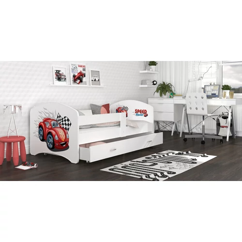 Ágyneműtartós gyerekágy ágyráccsal - 80x140 cm-es fekvőfelülettel - Cool Beds - piros versenyautós