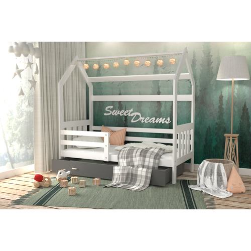 Gyerekágy ágyneműtartóval - Domek 2 - fehér-szürke ágyneműtartóval