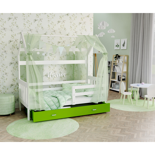 Házikó formájú ágyneműtartós gyerekágy ágráccsal - fehér-zöld