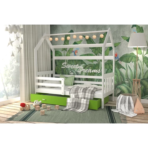 HOUSE DOMEK-2 házikó formájú gyerekágy ÁGYNEMŰTARTÓVAL - 2 méretben: Fehér - zöld ágyneműtartóval 2