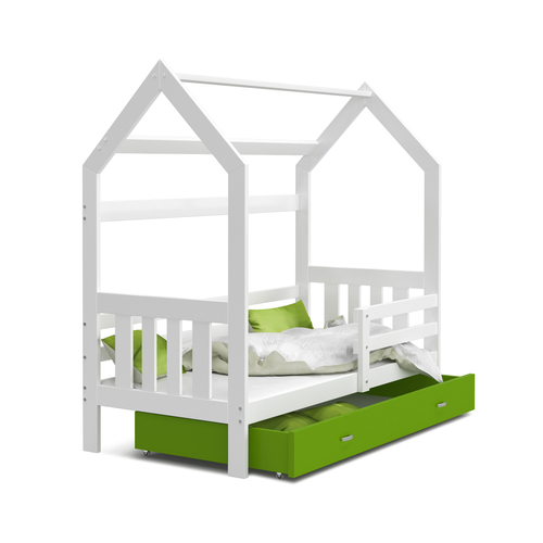 Gyerekágy ágyneműtartóval - Domek 2 - fehér-zöld ágyneműtartóval