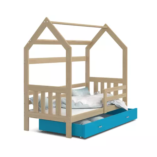 Gyerekágy ágyneműtartóval - Domek 2 - fenyő-kék ágyneműtartóval