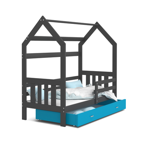 Gyerekágy ágyneműtartóval - Domek 2 - szürke-kék ágyneműtartóval