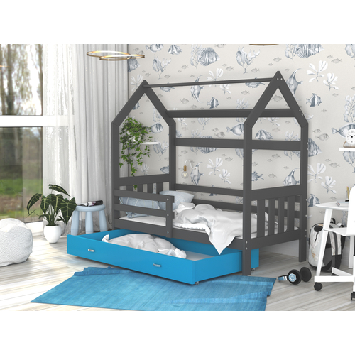 Házikó formájú ágyneműtartós gyerekágy ágráccsal - szürke-kék