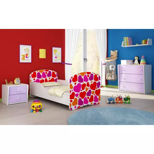 Gyerekágy leesésgátlóval és ágyráccsal 80x160 cm- Dream - rózsaszín piros szívecskés