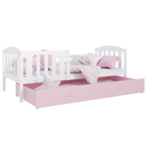 Ágyneműtartós gyerekágy ágyrccsal - Kubus - fehér-rózsaszín
