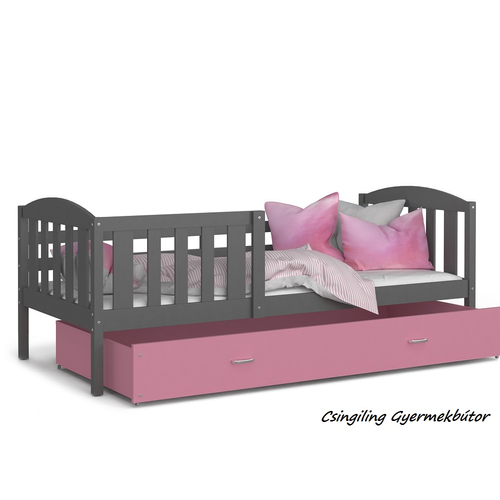 Ágyneműtartós gyerekágy ágyrccsal - Kubus - szürke-rózsaszín