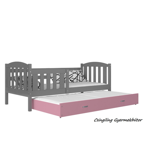 Pótágyas és leesésgátlós gyerekágy ágyrácsokkal - Kubus - szürke-rózsaszín