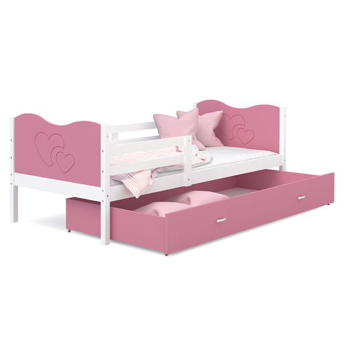 Gyerekágy ágyneműtartóval és leesésgátlóval - Max - fehér-rózsaszín