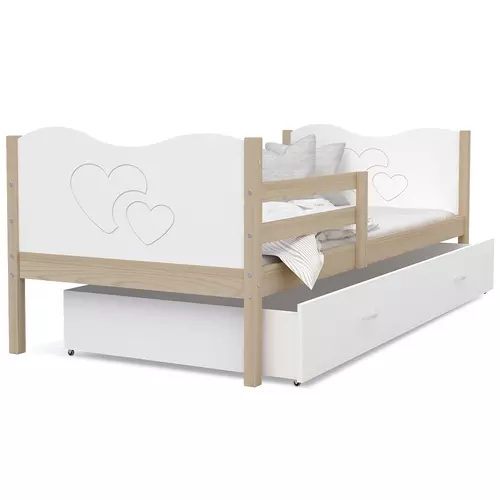 Gyerekágy ágyneműtartóval és leesésgátlóval - Max 80x160 cm - fenyő-fehér