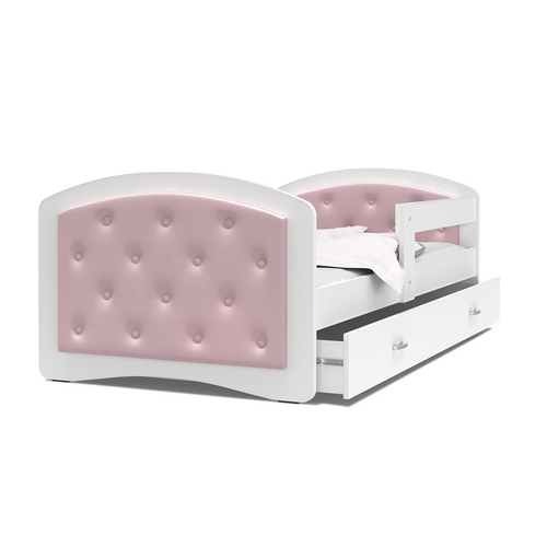 MEGI leesésgátlós gyerekágy ágyneműtartóval: púder rózsaszín, gombokkal