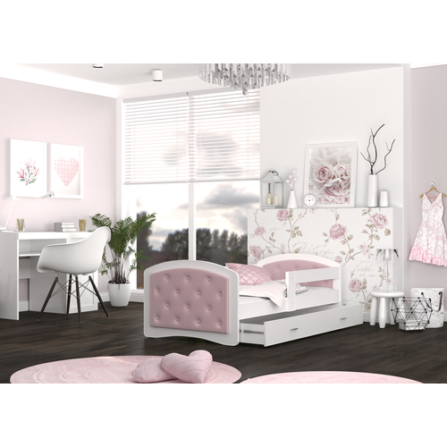 MEGI leesésgátlós gyerekágy ágyneműtartóval: púder rózsaszín, gombokkal 