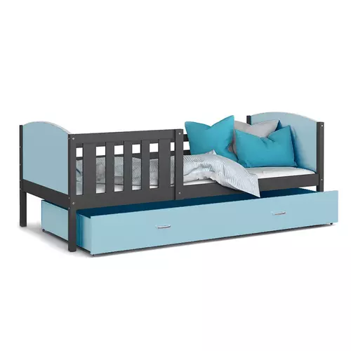 TAMI leesésgátlós ágyneműtartós gyerekágy - 3 méretben: Szürke keret - kék támlákkal 2