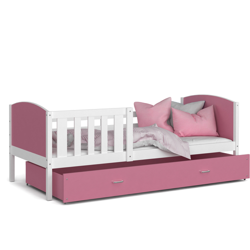 TAMI leesésgátlós ágyneműtartós gyerekágy - 3 méretben: Fehér keret - rózsaszín támlákkal 2