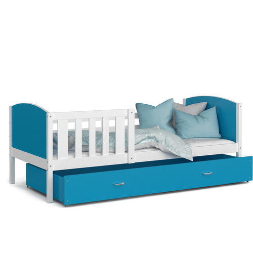 TAMI leesésgátlós ágyneműtartós gyerekágy - 3 méretben: Fehér keret - kék támlákkal 2