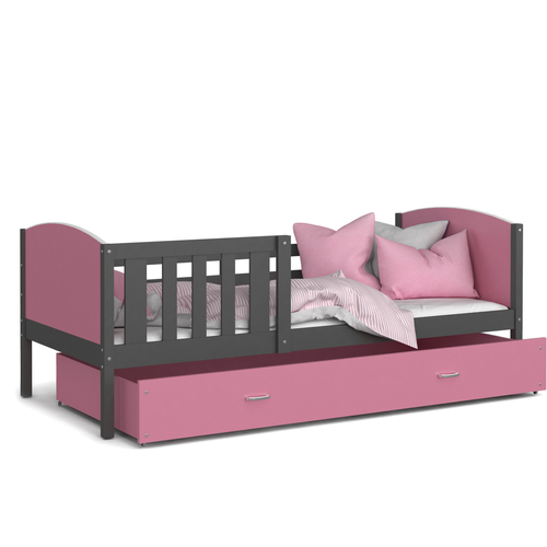 TAMI leesésgátlós ágyneműtartós gyerekágy - 3 méretben: Szürke keret - rózsaszín támlákkal 2