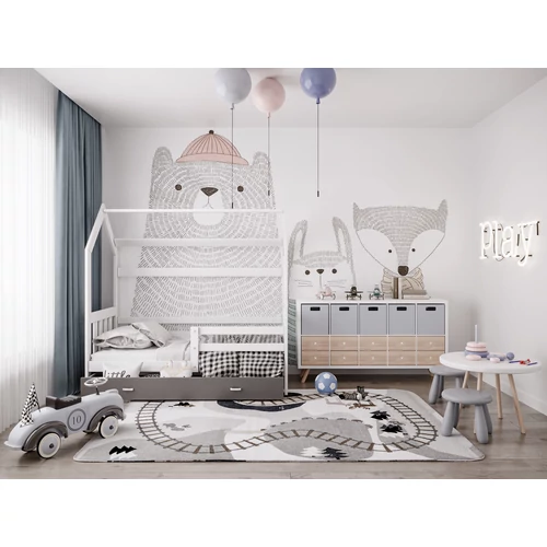 Gyerekágy ágyneműtartóval 80x160 cm - Domek 2 - fehér-szürke