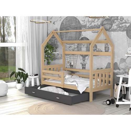 Házikó formájú ágyneműtartós gyerekágy ágráccsal 80x190 cm - fenyő-szürke