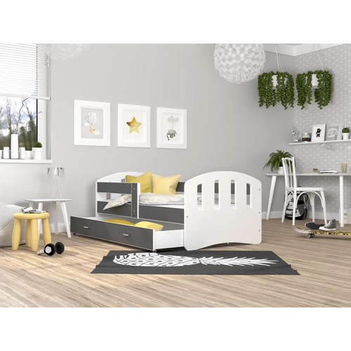 Gyerekágy leesésgátlóval és ágyneműtartóval - Happy 80x180 cm - fehér-szürke