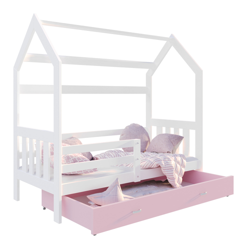 Gyerekágy ágyneműtartóval - Domek 2 - fehér-rózsaszín ágyneműtartóval