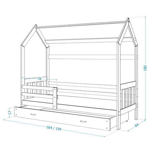 Gyerekágy ágyneműtartóval - Domek 2 - szürke-fehér ágyneműtartóval