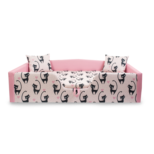 Maxi leesésgátlós kárpitos gyerekágy ágyneműtartóval - rózsaszín fekete cicás