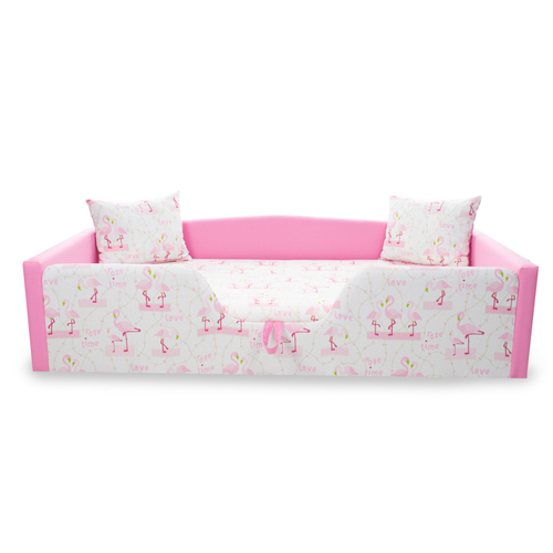 Maxi leesésgátlós kárpitos gyerekágy ágyneműtartóval - rózsaszín flamingós