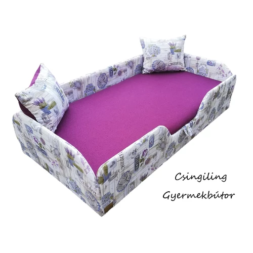 "AKCIÓS" KÁRPITOS leesésgátlós gyerekágy - 63x150 cm-es fekvőfelülettel: Lila Garden keret-Lila fekvővel
