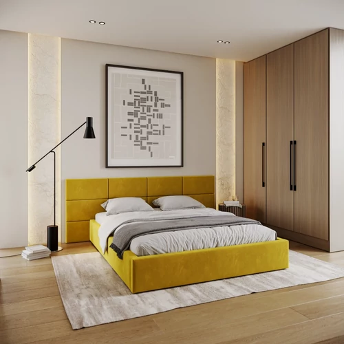 Kárpitozott franciaágy keret - DENVER - mustár Paris