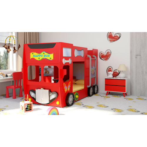 Autóbusz formájú emeletes gyerekágy matracokkal - Happy Bus piros