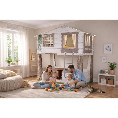 Lombház formájú gyerekágy - Tree House - galériás - 1 fekvőhely felül, asztal és 2 szék alul