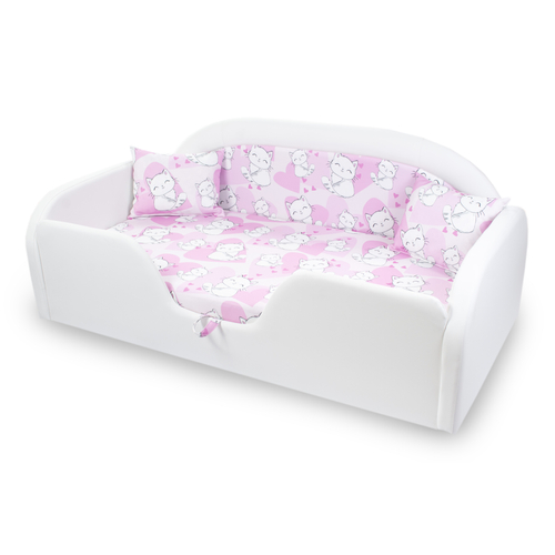 Sky Eco prémium eco bőr keretes ágyneműtartós gyerekágy - fehér rózsaszín cicás
