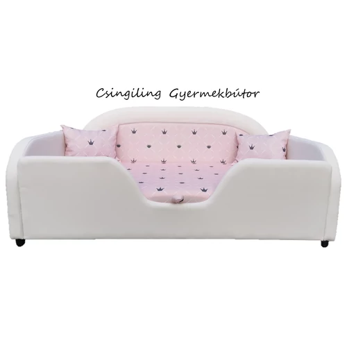 Sky Eco prémium eco bőr keretes ágyneműtartós gyerekágy: fehér eco bőr diamond rózsaszín chesterfield koronás 2