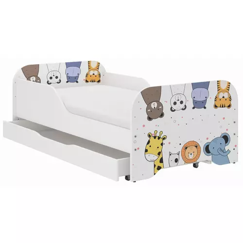 Gyerekágy ágyneműtartóval 70x140 cm - Miki - 24 állatos támlával